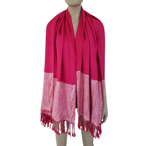 Cashmere Womens Scarf Wrap Pink Paisley 24 x 66 Inches Tassled Multi Use - Picture 4 of 6